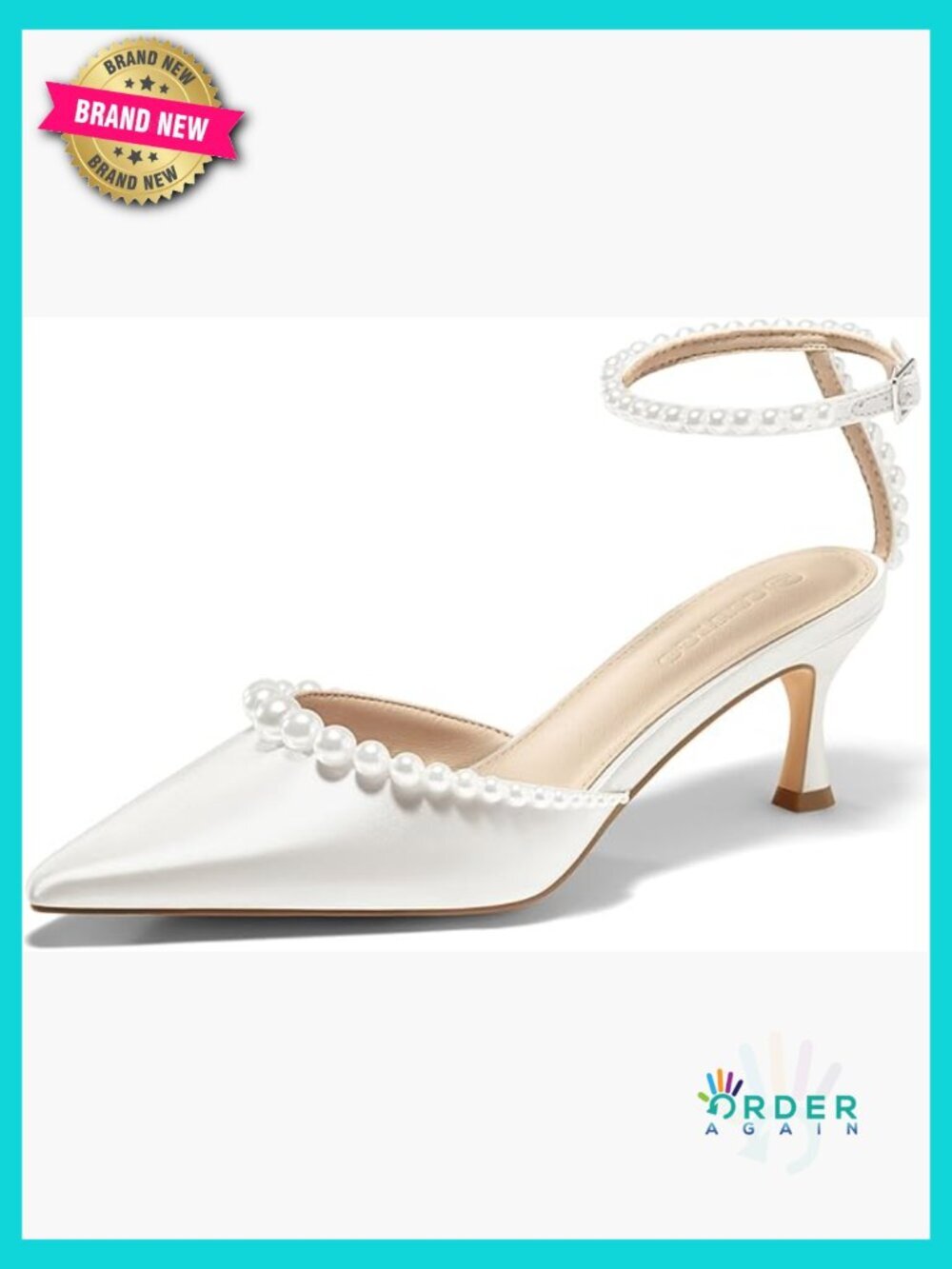 Closed Pointed Toe Kitten Heels Pearl Embellished Ankle Strap Satin Pumps
